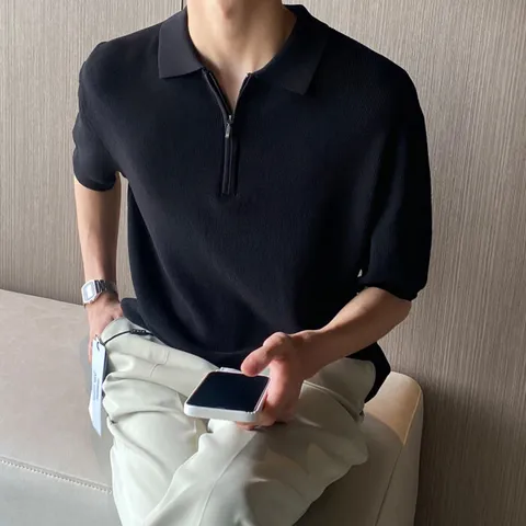 [브리치]  / 여름 반집업 니트 카라 반팔티셔츠 / 블랙 그린 네이