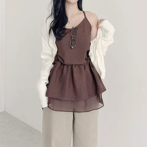 [레이어드룩/체형커버] 피오니 스트링 셔링 리본 실키 캉캉 프릴 나시 블라우스