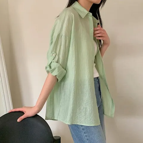 [하프클럽] 여성 시어서커 루즈핏 롤업 셔츠 여름 긴팔 롱남방 자외선차단 데일리룩