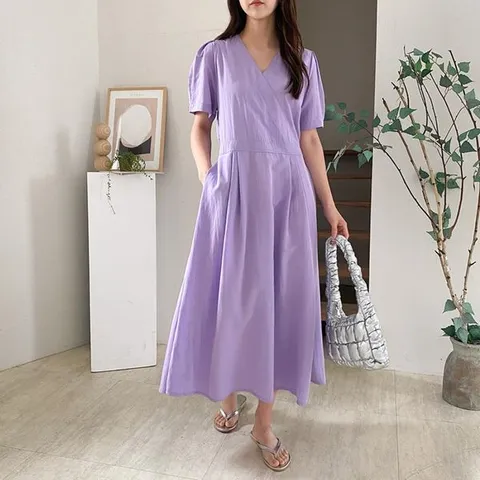 [하프클럽/여자 브이넥 랩 반팔 퍼프 소매 허리 핀턱 롱 원피스