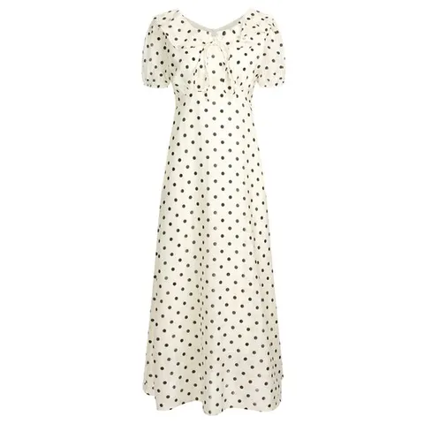 [하프클럽] 여성 도트 피터팬 카라 뒷지퍼 땡땡이 A라인 롱 원피스 EGG-WDR-20746-아이보리