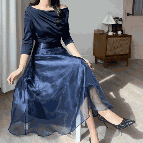 [하프클럽] 티그란 오간자 새틴 샤 실키 밴딩 A라인 플레어 훌 롱 공주 여신 망사 레이스 스커트(2COLO