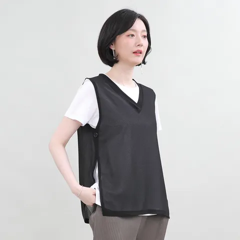 쉬폰 시스루 브이 트임 장식단추 여름 조끼 V05313