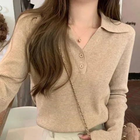 캐주얼 단추 니트 스트라이프 여성 패션 카라 긴팔 티셔츠 골지 박스티 카라티 브이넥