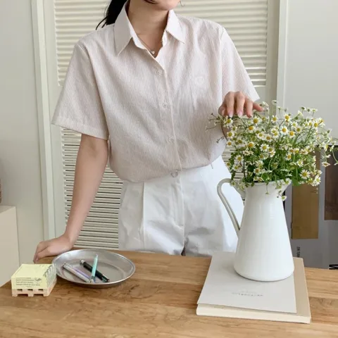 여자 SS 면원단 세로 단가라 미니멈 컨템포러리 셔츠
