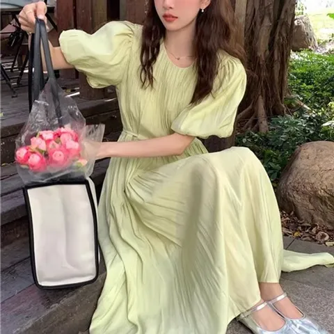 [하프클럽] 캔트 여름 반팔 휴양지 원피스 화이트 초록 동남아 바캉스 퍼프 쉬폰 주름 셔링 롱원피스