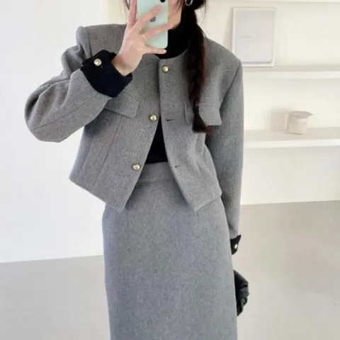 뮤즈 배색 투톤 뒤트임 울 스커트 자켓 셋업 정장세트 여성정장 여자정장 스커트정장 오피스룩
