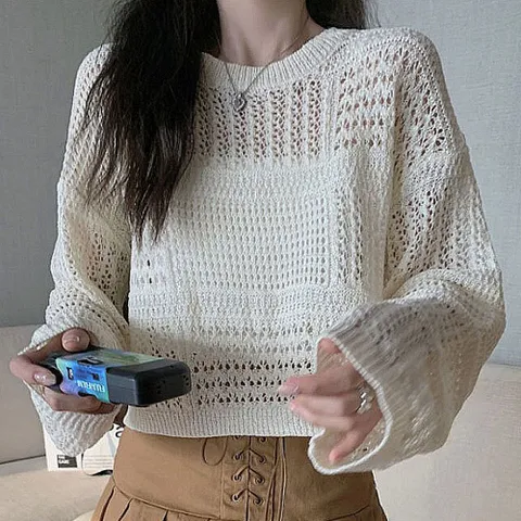 여성 여름 시스루 루즈핏 그물 크롭 긴팔 니트티