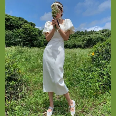 실크 롱 원피스 셀프웨딩 실키 퍼프 반팔 드레스 (10589221)