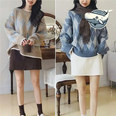 아가일 패턴 여성 니트티트 편안한 스타일 겨울 FW 오버테이크 아가일 니트 울 브이넥 루즈핏