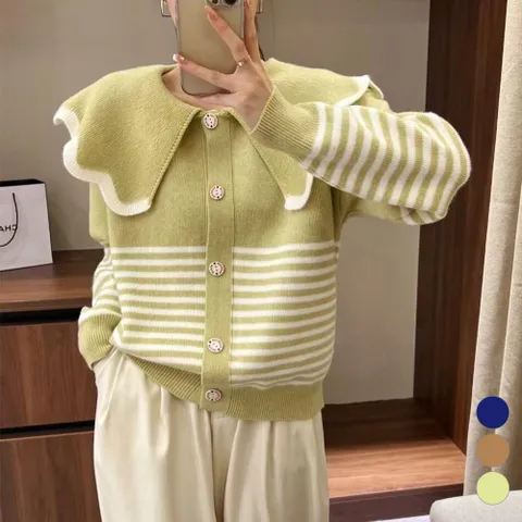 여자 러블리무드 빅카라물결 단가라 니트 가디건