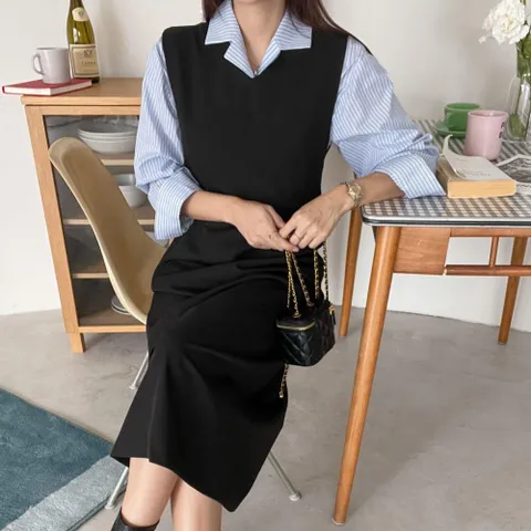 [다잇템] 여자 백버튼 출근룩 롱 슬리브리스 원피스