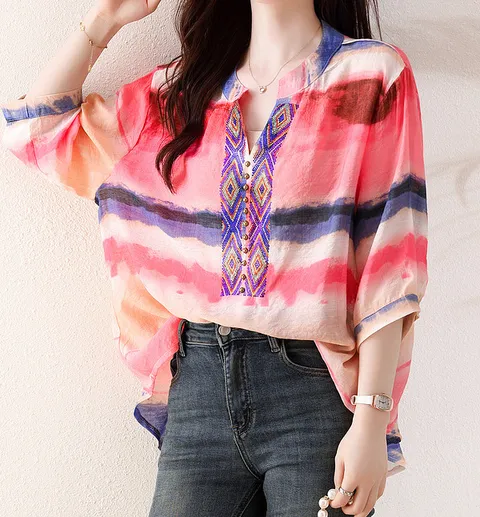 에스닉패턴 프린팅 롱 블라우스 E3B935