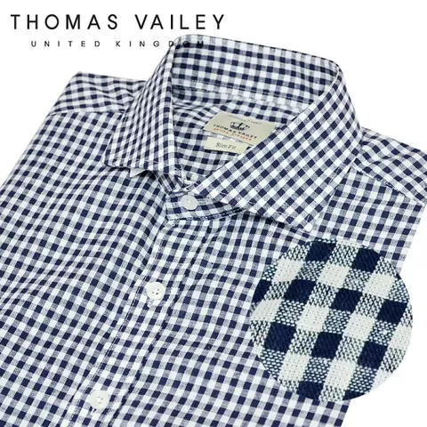 [THOMAS VAILEY] 토마스 베일리 린넨깅엄체크 와이드카라 슬림핏셔츠 네이비 1THTHC1MSU146