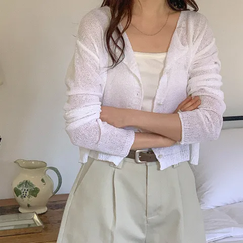 문에이블 여자 여성 여름 봄 휴양지룩 비치웨어 자외선 차단 니트 긴팔 가디건