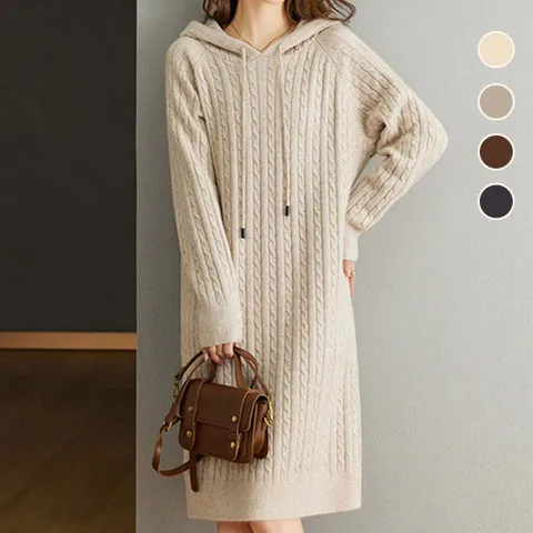 [브리치]  / NO630 심플 데일리 꽈배기 후드 긴팔 니트 원피스
