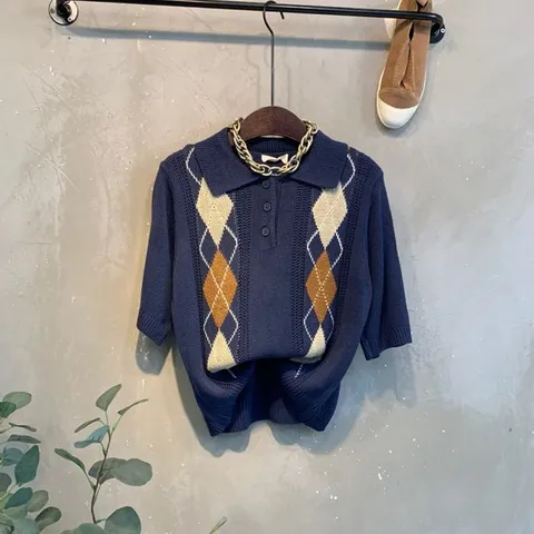 [브리치]  / 보리 아가일 카라 반팔 니트 3color C