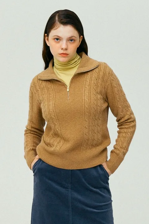 울 혼방 폴로넥 케이블 하프 집업 니트 풀오버 [UFI3-KPN323N]