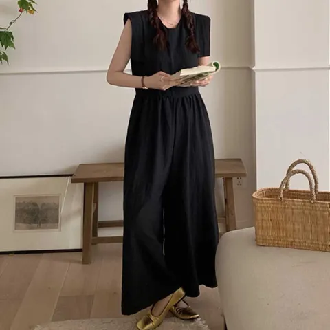 라운드 와이드팬츠 점프수트 허리 스트링 점푸수트 여자오버롤 여름오버롤