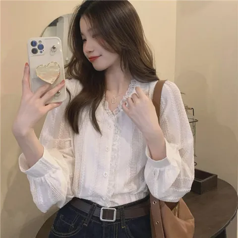 데일리블라우스 블라우스 레이스 브이넥 시스루 펀칭