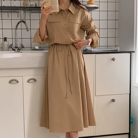 여자 결혼식 하객룩 반셔츠 포켓 스트링 면 롱원피스