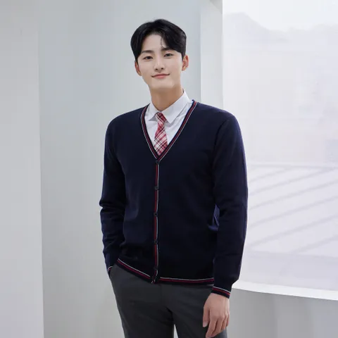 네이비 레드 화이트 굵은라인 가디건 교복.