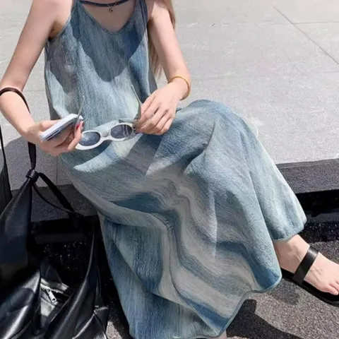 원피스 나염 잉크 그라데이션 여름 썸머 롱 끈원피스 원피스 롱원피스 끈원피스 나시원피스