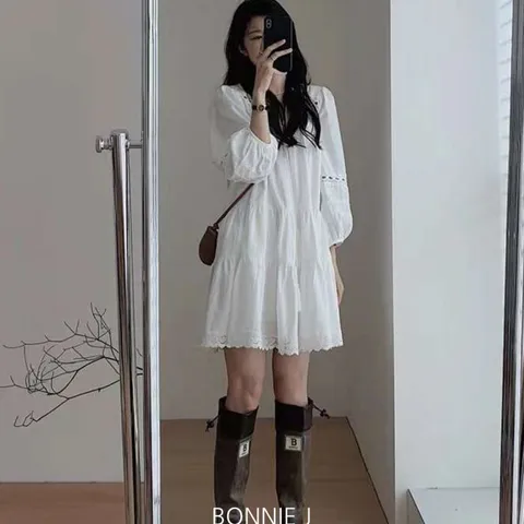 [브리치] 보니제이 / 에스닉 퍼프 루즈핏 레이스 캉캉 화이트 미니 원피스