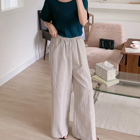 여성 린넨 스트라이프 와이드 팬츠 휴양지 스타일