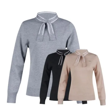 여성 겨울 골프웨어 반넥 리본 데일리 방풍 니트 긴팔 티셔츠