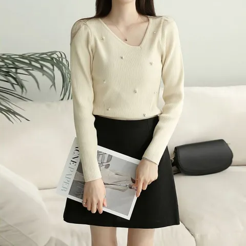 [브리치] 러블리감성 / 유미 골지 언발 브이넥 니트티셔츠