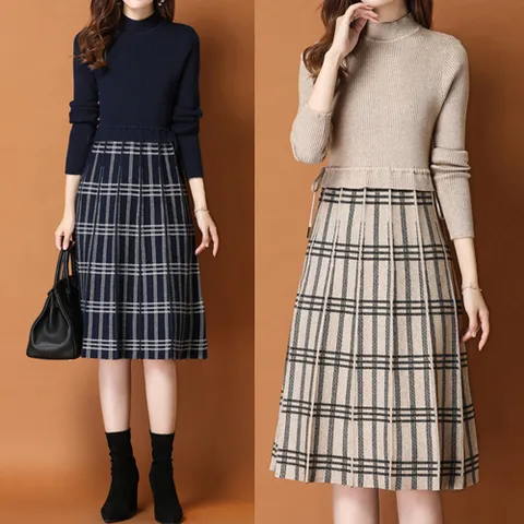 230591 - 체크 니트 미디 원피스/오피스룩/하객룩/쫀쫀한니트/기본핏/니트롱/정장