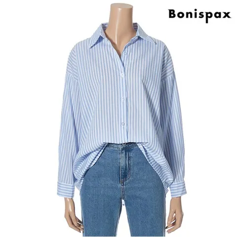 정상가:59,000원 | 스트라이프 카라 루즈핏 버튼업 셔츠 (XO1BA007L0)