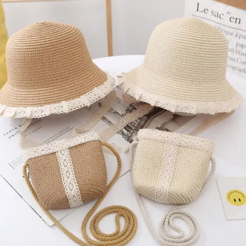 엄마 커플 소녀 겹 레이스 밀짚 세트 가방 모자 밀짚 커플 여름 공주 여아 챙모자