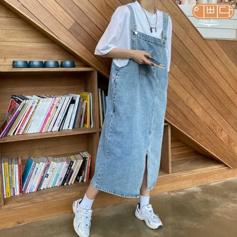 사계절 데님원피스 멜빵청치마 서스펜더 롱원피스 IBBD23-ONEPCB