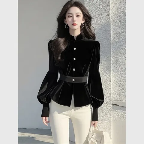 [브리치] 제로투올샵 / 여성 블랙 벨벳 탑 블라우스 블랙 S