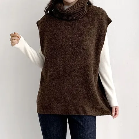 [하프클럽] 포근한 겨울 터틀넥 니트 조끼 폴라 롱베스트 루즈핏 캐주얼 데일리 레이어드 보온 이너템