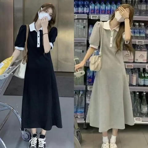 [하프클럽/여자 카라 배색 포인트 퍼프 반팔 롱 원피스