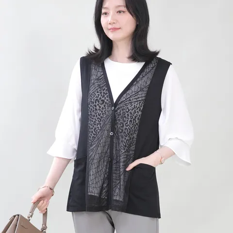 엄마옷 호피 시스루 쉬폰 브이 단추 주머니 여성 여름 조끼 V06458