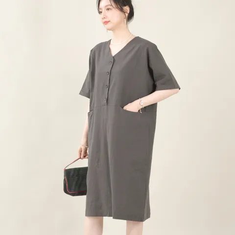엄마옷 언제나 브이 린넨 오픈 단추 여성 여름 반팔 루즈핏 주머니 롱 원피스 K06504