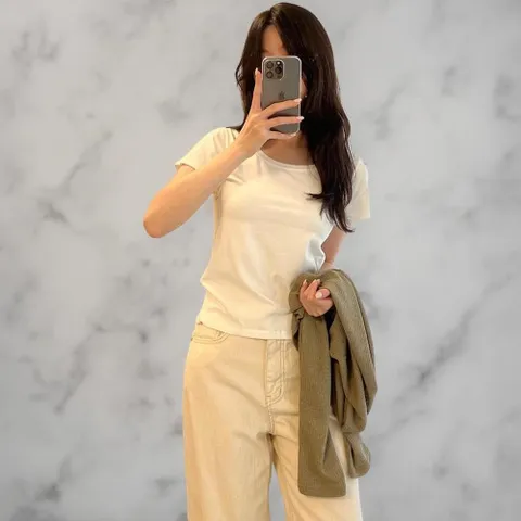 여성 유넥 반팔 모달 부드러운 스판 기본 라운드 티셔츠