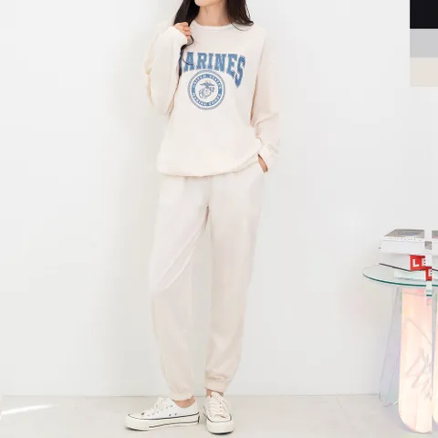 블레오 여성 마린 레터링 맨투맨 밴딩 조거 팬츠 세트