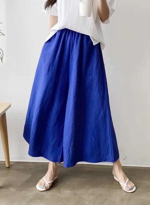 여자 썸머 쿨 린넨 밴딩 무지 통바지 여름 시원한 마 와이드 팬츠 편한 고무 치마바지