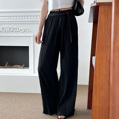 여자 허리밴딩 프릴 디테일 리본 스트랩 플리츠 팬츠 여름바지 여성여름팬츠 편한바지