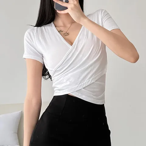 [다잇템] 여자 민무늬 랩 탱크 반소매 슬림핏 V넥 티셔츠