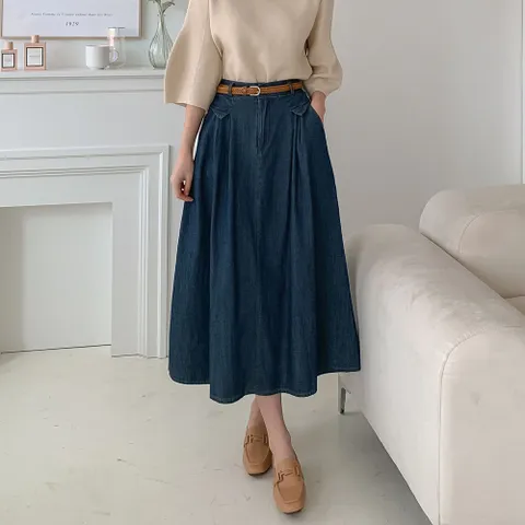 여자 봄 여름 가을 겨울 핀턱 플리츠 데님 롱스커트 간절기 핏이 예쁜 편한 긴 청치마