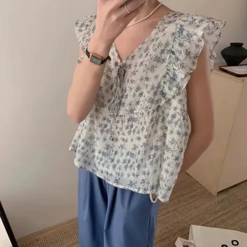 [브리치] 보니제이 / 잔꽃 브이넥 리본 민소매 프릴 블라우스 시스루 여리