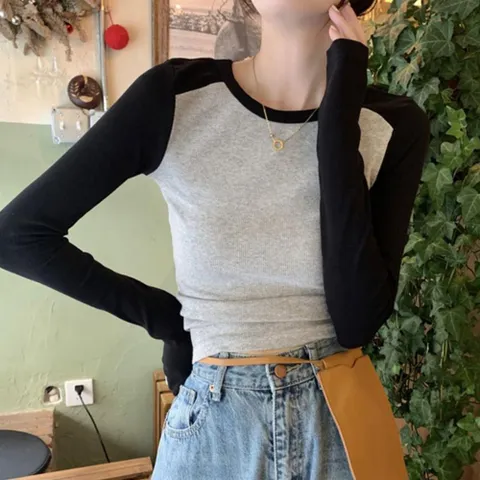 크롭 긴팔티셔츠 크롭긴팔티 배색 2컬러 여성 크롭티