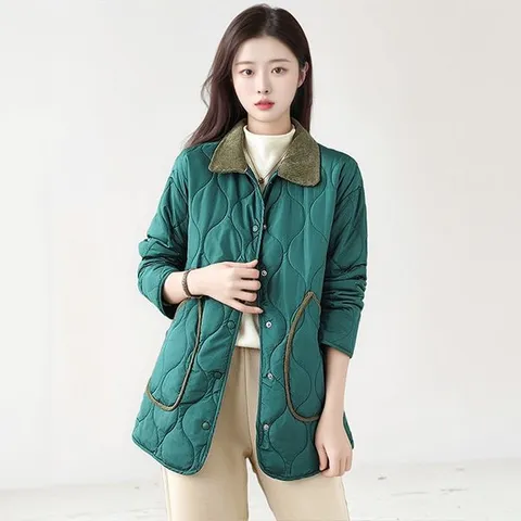 [하프클럽] (55~88)배색카라골덴퀼팅점퍼 체크자켓 카라점퍼 반코트 간절기여성점퍼 40대 50대 엄마옷