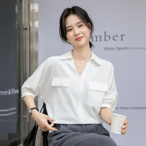 [브리치] 제로투올샵 / 프랑스 스타일 V넥 여성 반팔 셔츠 여름 패션 화이트